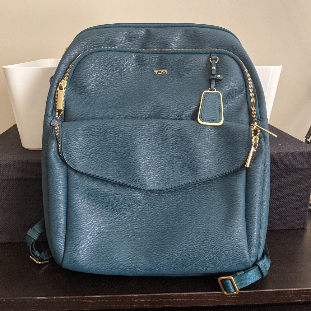 Tumi Teal Backpack with Gold Accents